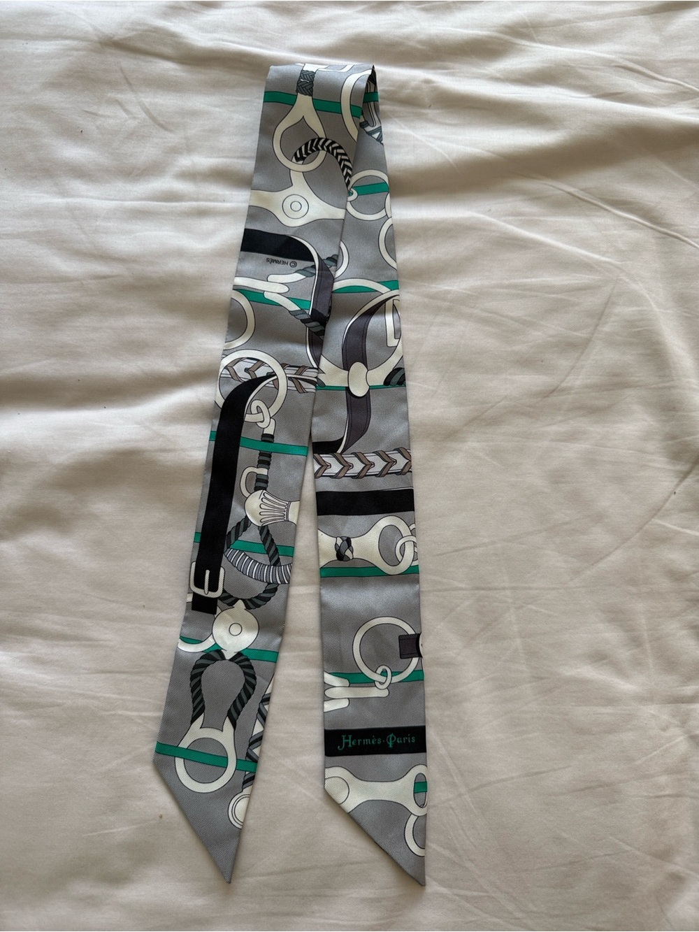 Authentic Hermès Gray, Teal & Black Silk Twilly Scarf